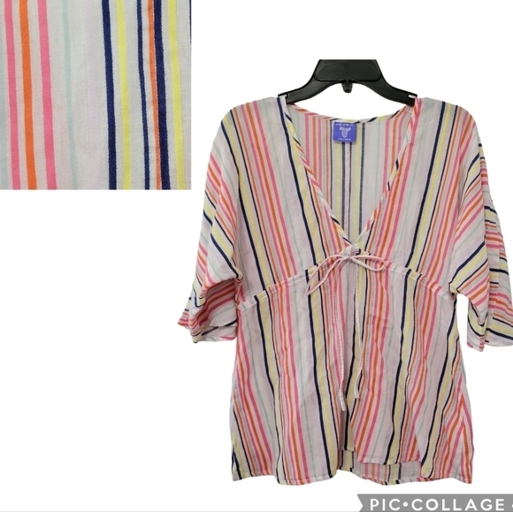 Pine Cone Hill‎ V Neck Babydoll Top Size XS/S Striped Lightweight Short Sleeve